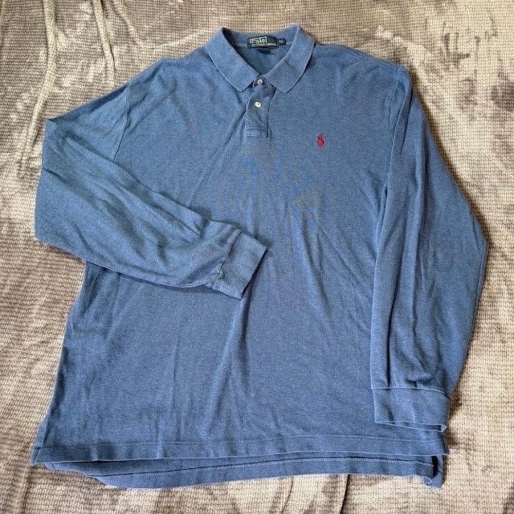 Vintage Polo Ralph Lauren Mens XL Blue Long Sleeve Polo Shirt Red Pony Logo